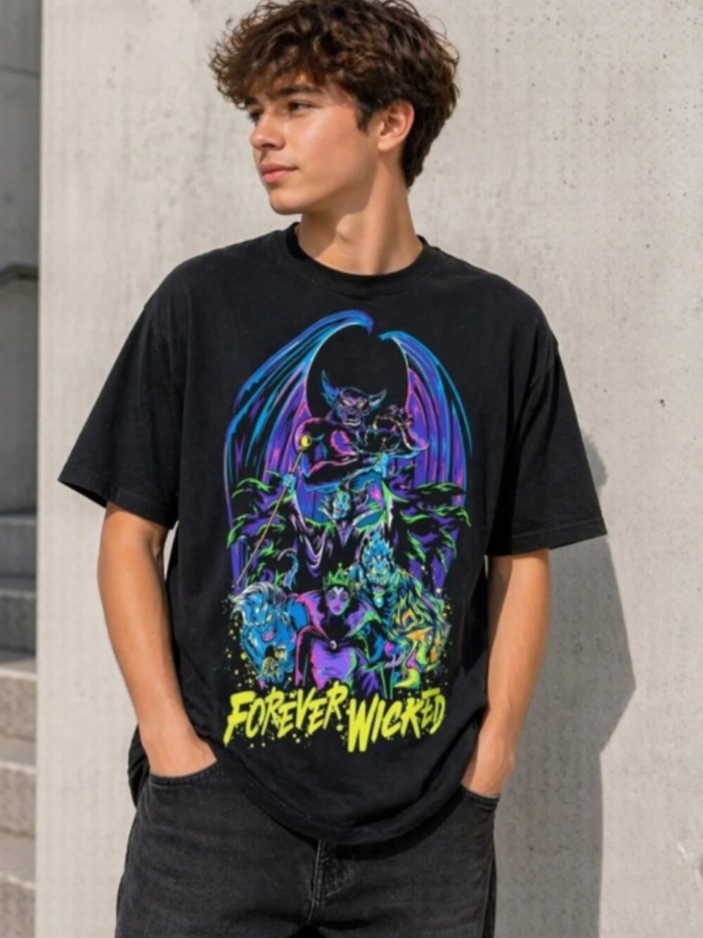 Disney Villains Forever Wicked T Shirt  Neon Graphic Maleficent Ursula - Picture 2 of 6